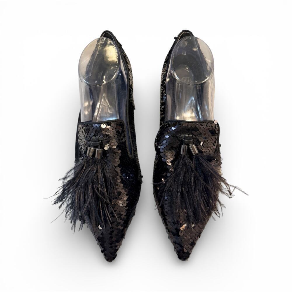 Sarto by Franco Sarto Topaz 6 Black Sequin Loafers Feather Tassel Women 10